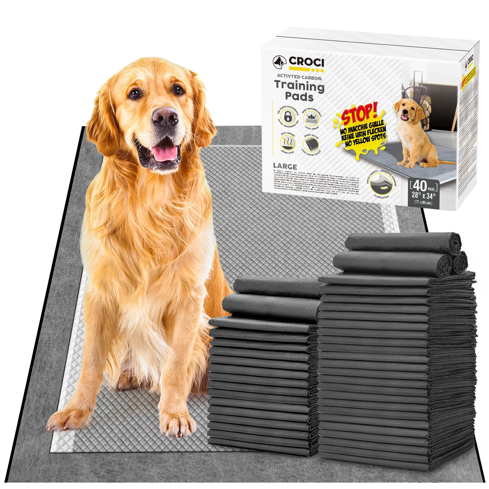 Superior CROCI Charcoal Puppy Pads with Adhesive Tabs – Extra Large 28x34in Odor Control Leak-Proof Quick-Dry 40 Count Next-Generation