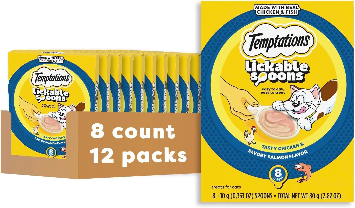 Authentic Temptations Lickable Spoons Adult Wet Cat Treat Tasty Chicken and Savory Salmon Flavor 8 Spoons Pack of 12 96 Total Excellent