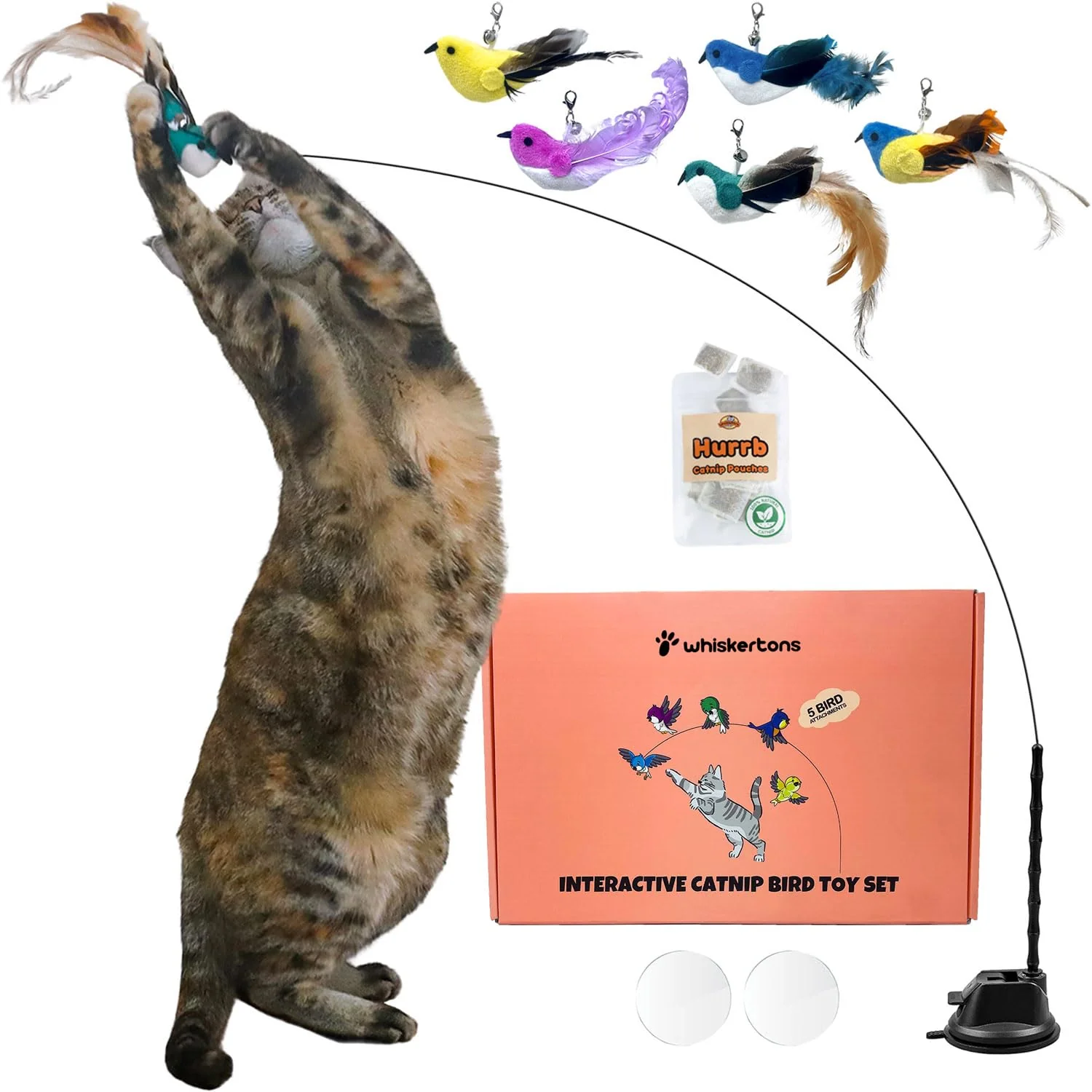 Smooth Whiskertons Interactive Bird Toy Set for Cats Self-Holding Suction Cup 5 Catnip Birds Quality