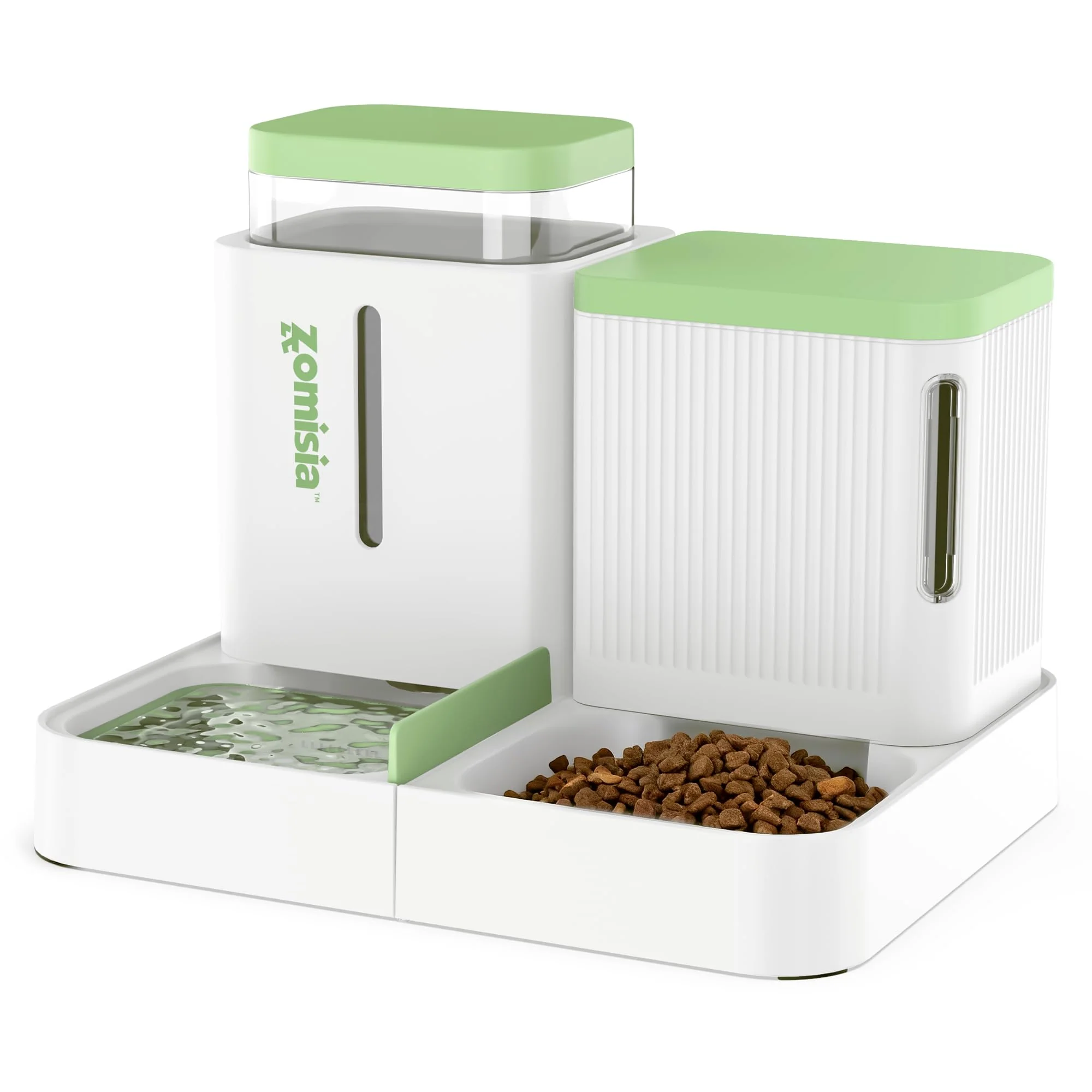 Durable ZOMISIA Gravity Cat Feeder Water Dispenser — 2-in-1 Auto Feed 0.8 gal Each White Green User-Friendly