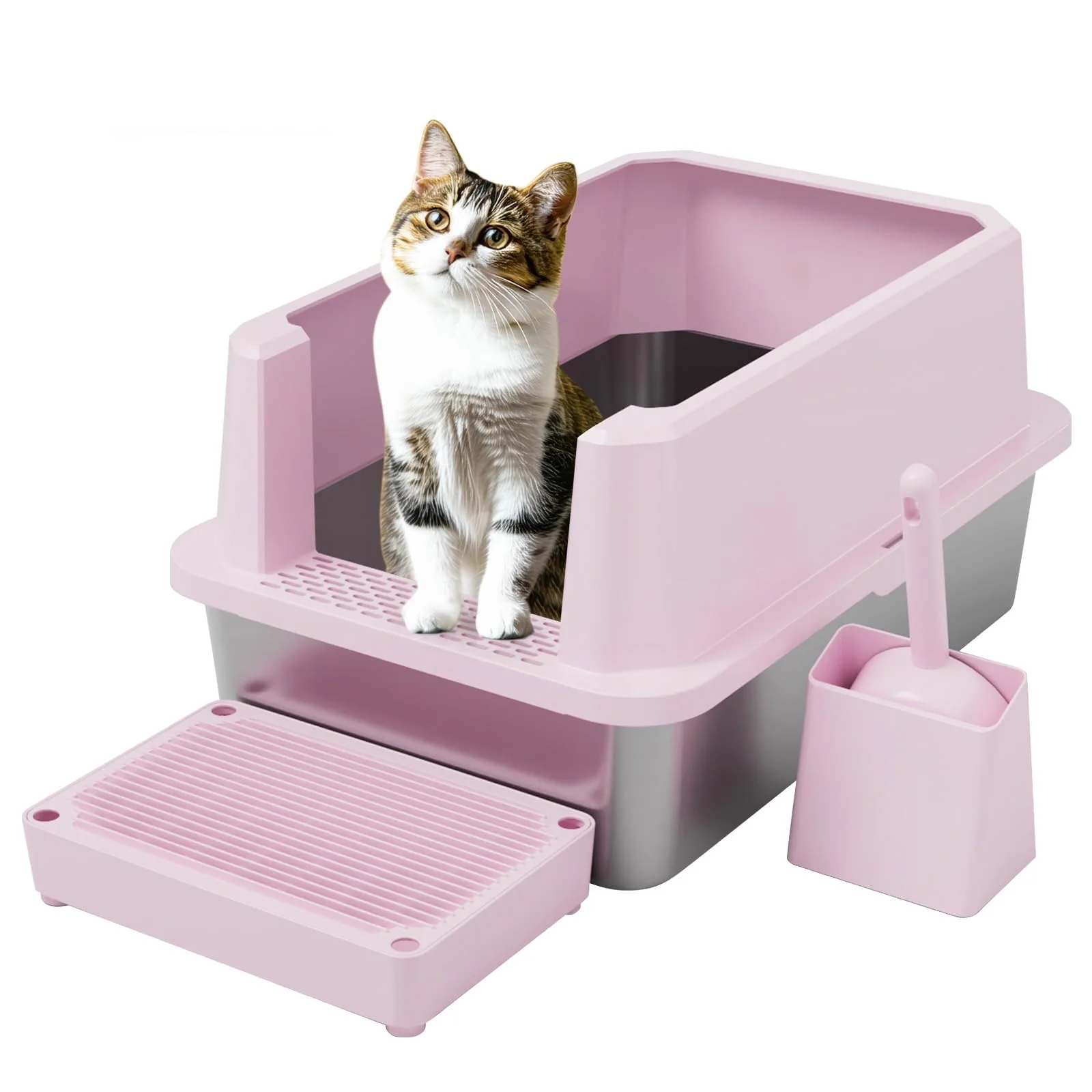 Casual RIZZARI Large Pink Cat Litter Box — Semi-Closed Stainless Steel Odor-Resistant Leak-Proof Reusable