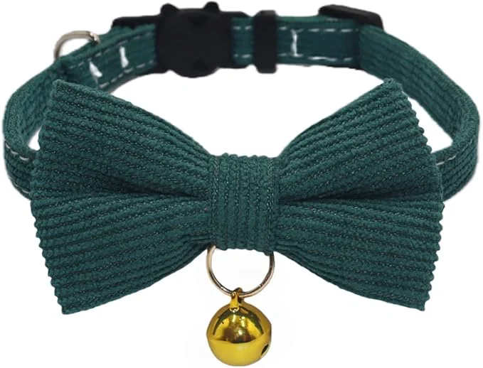 Traditional THAIN Cat Collar with Bow Tie and Bell Breakaway Adjustable Cute Soft Corduroy Natural