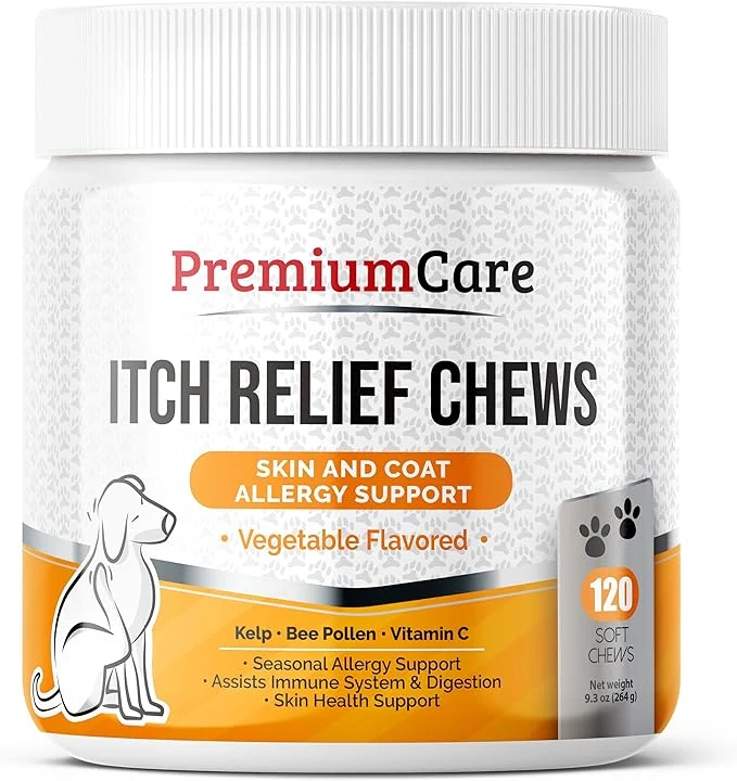 Innovative PREMIUM CARE Itch Relief for Dogs - 120 Allergy Chews for Dogs - Anti Itch Seasonal Support for Pets Itchy Skin Relief Skin Health Support with Colostrum Vitamin C Omega and Bee PollenAbout This High-Grade