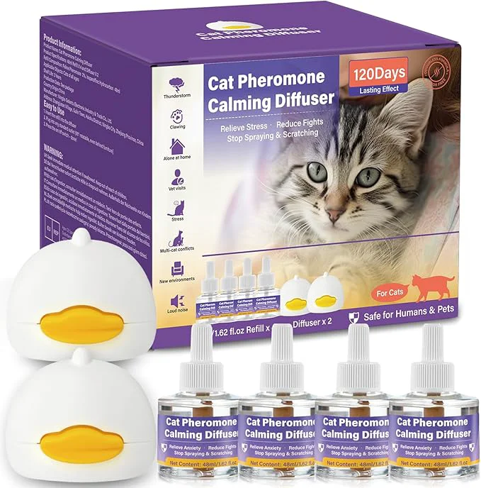 High-Quality Cat Calming Pheromone Diffuser 4 Refills 48ml 2 Diffusers 120 Days Long-Lasting Relieve Anxiety Reduce Fighting Spraying Scratching Safe for Cats Kittens HumansAbout This Artisan