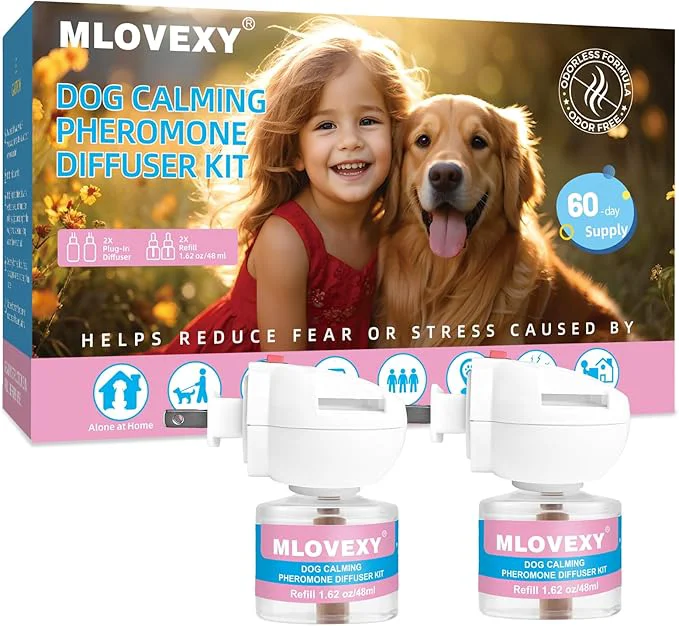 Carefully Designed Dog Calming Diffuser for Dog Anxiety Relief Dog Pheromones Calming Diffuser Pheromone for Dogs to Reduce Stress Calming Diffusers for Dogs to Stop Peeing 2 Refills 2 Diffusers About This Effective