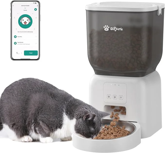 Solid Remote Controlled Automatic Dog Cat Feeder APP Controlled with Freshness Preservation Timed Cat Feeder with Stainless Steel Bowl. 4L Capacity Up to 6 Meals Per Day and 1-15 Portion for Pets（White）About ThisOverview Official