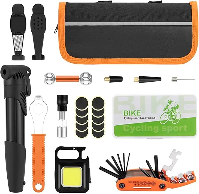 Refined Bicycle Repair Kit with Pump LED Light — 16-in-1 Portable Bike Tool Bag Glueless Patches Multi-Tool Wrench Set for Road Mountain Camping RidesAbout This Innovative