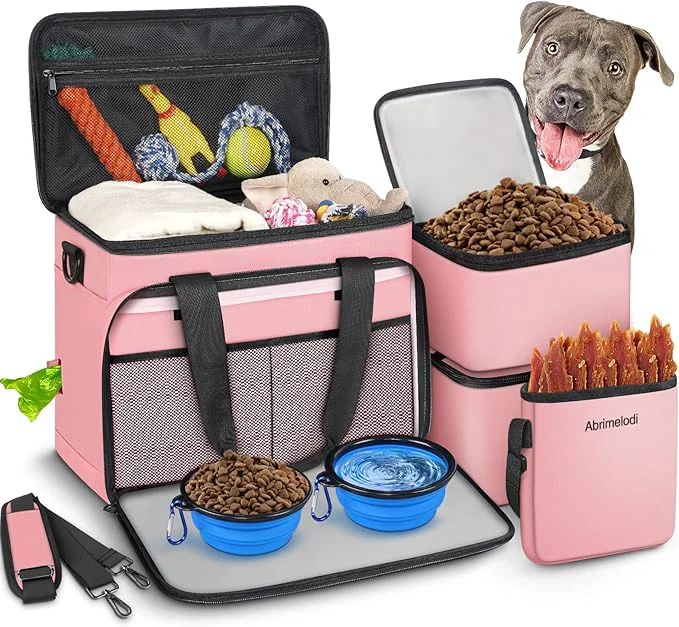 Eco-Friendly Abrimelodi 6-Piece Dog Travel Bag Set – 25L with 2 Food Containers 2 Collapsible Bowls Treat Pouch Exceptional