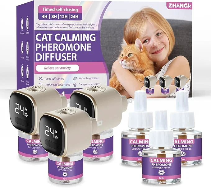 Efficient Cat Calming Diffuser Kit with Timer And Memory Adjustable 4 8 12 24H Cat Pheromone Diffuser 3-Pack 48ml Each Helps Reduce Stress Spraying Fighting Excessive Meowing Scratching Fits All CatsAbout This Carefully Designed