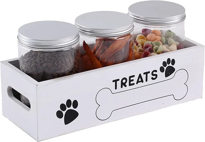 Organic Dog Treat Container Cat Food Organizer with 3 Jar Pet Snack Container Decorative Pet Food Containers Farmhouse Decor Gift for Pet with Reusable Sticker Marker - Bone ShapeAbout ThisOverview Efficient