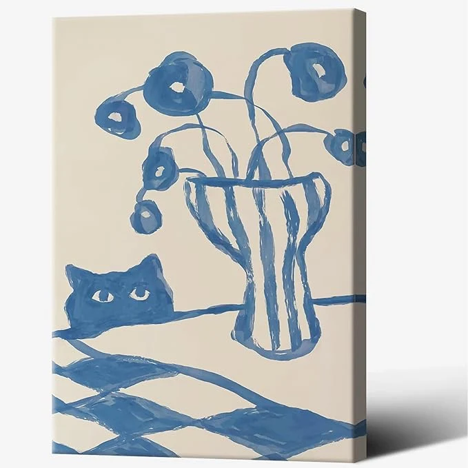 Durable Funny Sneaky Cat Poster Scandi Animal Sketch Canvas Wall Art Blue Modern Abstract Flower Vase Aesthetic Prints Painting For Living Room Kitchen Dining Room Wall Decor 24x36in Wrapped CanvasAbout This Specialty