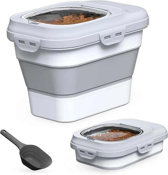 User-Friendly Dog Food Storage Container Small 10-13lbs Collapsible Dog Cat Food Containers with Airtight Clear Flip-top and Pet Food Scoop Pet Food Storage Container Bin for Dog Cat Bird Other Pets GreyAbout ThisOverview Smooth