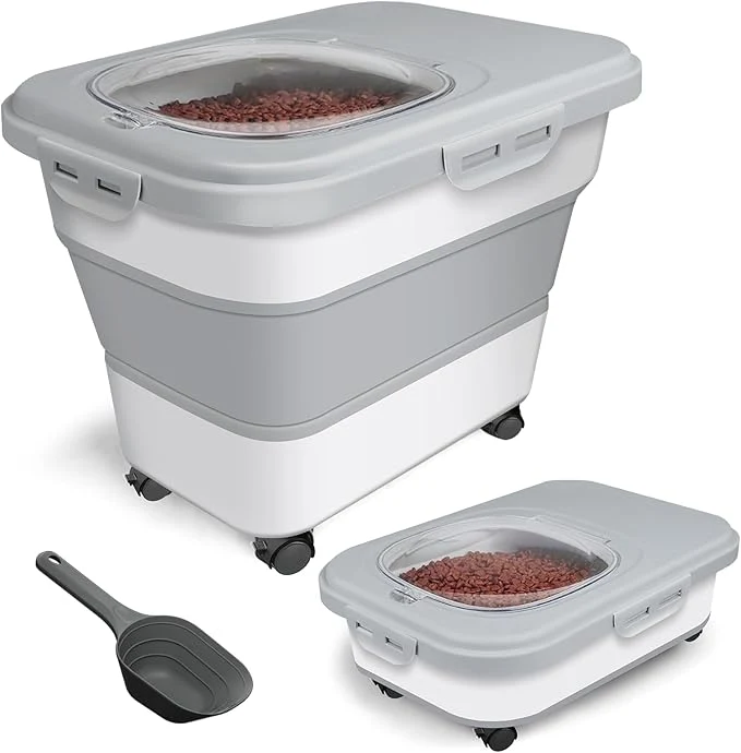 High-Quality Dog Food Storage Container 10-20lbs Collapsible Dog Cat Food Containers with Airtight Clear Flip-top，Rolling Wheel and Pet Food Scoop Pet Food Storage Container Bin for Dog Cat Bird PetsAbout ThisOverview Elegant