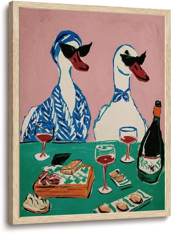 Lightweight XJYISUO Framed Wall Art Duck Wall Decor Animal Canvas Art Wine Party Pictures Retro Paintings Funny Artwork For Kitchen Dining Room BarAbout This Enhanced