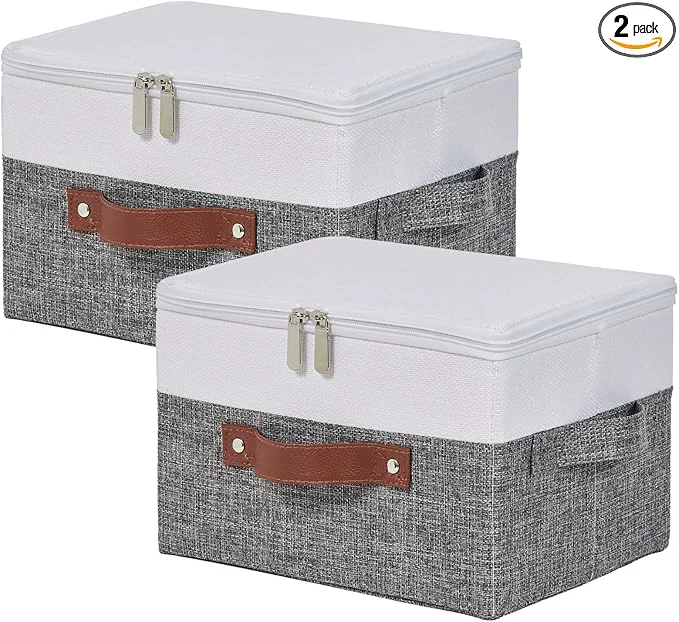 Premium 2 Pack Storage Boxes with Zipper Lid Cotton Linen Fabric Lidded Storage Bins Baskets Foldable Washable Closet Shelf Clothes Organizer Container Faux Leather Handles Gray White Small About ThisOverview Genuine