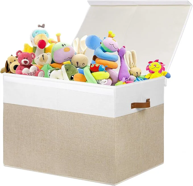 Minimalist Large Toy Storage Box with Lid Sturdy Toys Storage Chest Bin Organizer Basket with Dividers for Kids Boys Girls Nursery Closet Bedroom Playroom 26 x17 x17 Beige and White About ThisOverview Fashionable