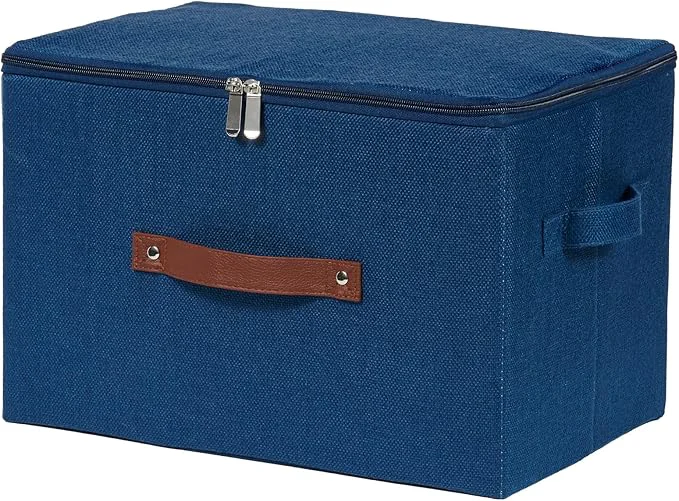 Healthy Storage Bins with Zipper Lid Cotton Linen Fabric Lidded Storage Baskets Boxes Foldable Washable Closet Shelf Clothes Organizer Container with PU Leather Handles Deep Blue Large About ThisOverview Minimalist