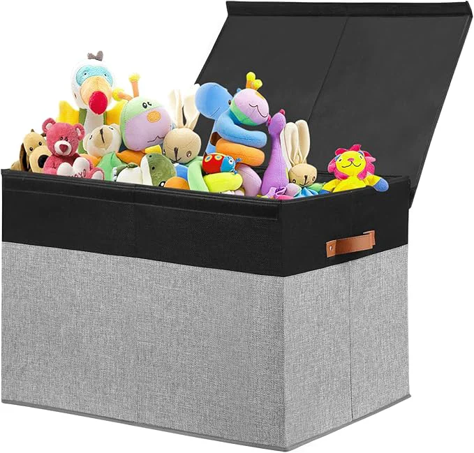 Casual Large Toy Storage Box with Lid Sturdy Toys Storage Chest Bin Organizer Basket with Dividers for Kids Boys Girls Nursery Closet Bedroom Playroom 26 x17 x17 Black and Grey About ThisOverview Dependable