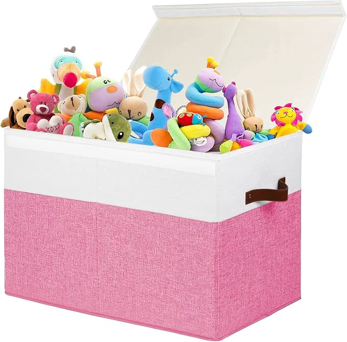 Exclusive Large Toy Box with Lid Sturdy Toy Storage Chest Bin Boxes Organizer Basket with Dividers for Toddlers Kids Boys Girls Nursery Closet Bedroom Playroom 25 x13 x16 Pink and White About ThisOverview Next-Generation