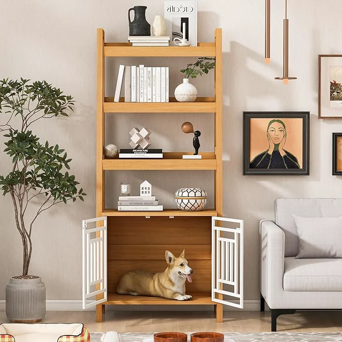 Recyclable 2-in-1 Modern Dog Crate Bookcase - Space-Saving Leaning Ladder Design with Storage Shelves Ancient Oak MDF Steel 76 H for Small to Medium PetsAbout ThisOverview Powerful