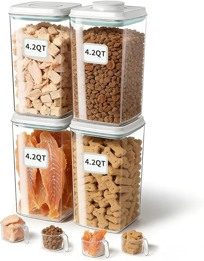 Versatile Dog Food Storage System with One-Touch Lid 4 ×4.22 QT 4.0 L Value BPA- Cat Food Storage Container，Stackable Durable PET with 130ml Scoop for Complete Kibble Supply OrganizationAbout ThisOverview Powerful