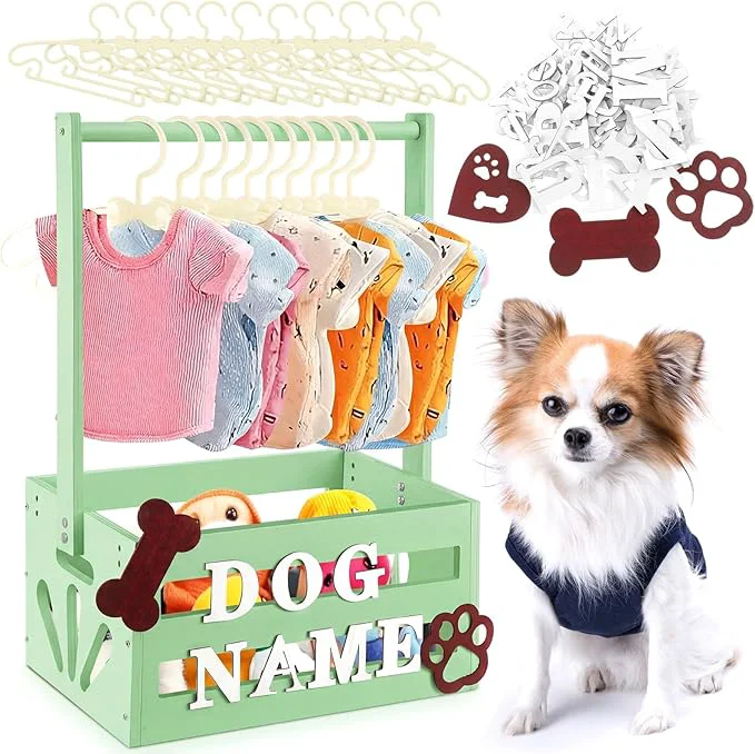 Expertly Made 20 x 13 x 9 Wooden Dog Closet Pet Wardrobe Crate Box with Hanging Rods and Personalized Alphabet Letters Easy Assembly Baskets for Dog Cat Toys Clothes Accessories Green About ThisOverview Quality