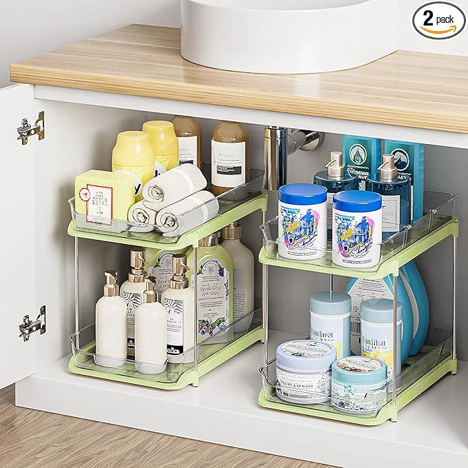 Fine Delamu 2-Tier Multi-Purpose Bathroom Under Sink Organizers and Storage Stackable Kitchen Pantry Organization Pull Out Medicine Cabinet Organizer with Movable Dividers Green 2 PackAbout ThisOverview Long-Lasting
