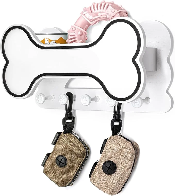 Soft Decorative Dog Leash Holder for Wall - Doggie Bone Shape Key Holder Wall Mount with 5 Chic 3D Puppy Paw Hooks Dog Stuff Storage Shelf - Apartment Essentials Black White About ThisOverview Crafted
