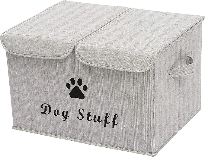 Traditional Geyecete Large Storage Boxes - Large Linen Fabric Foldable Storage Cubes Bin Box Containers with Lid and Handles for Dog Apparel Accessories Dog Toys Striped Gray About ThisOverview Premium