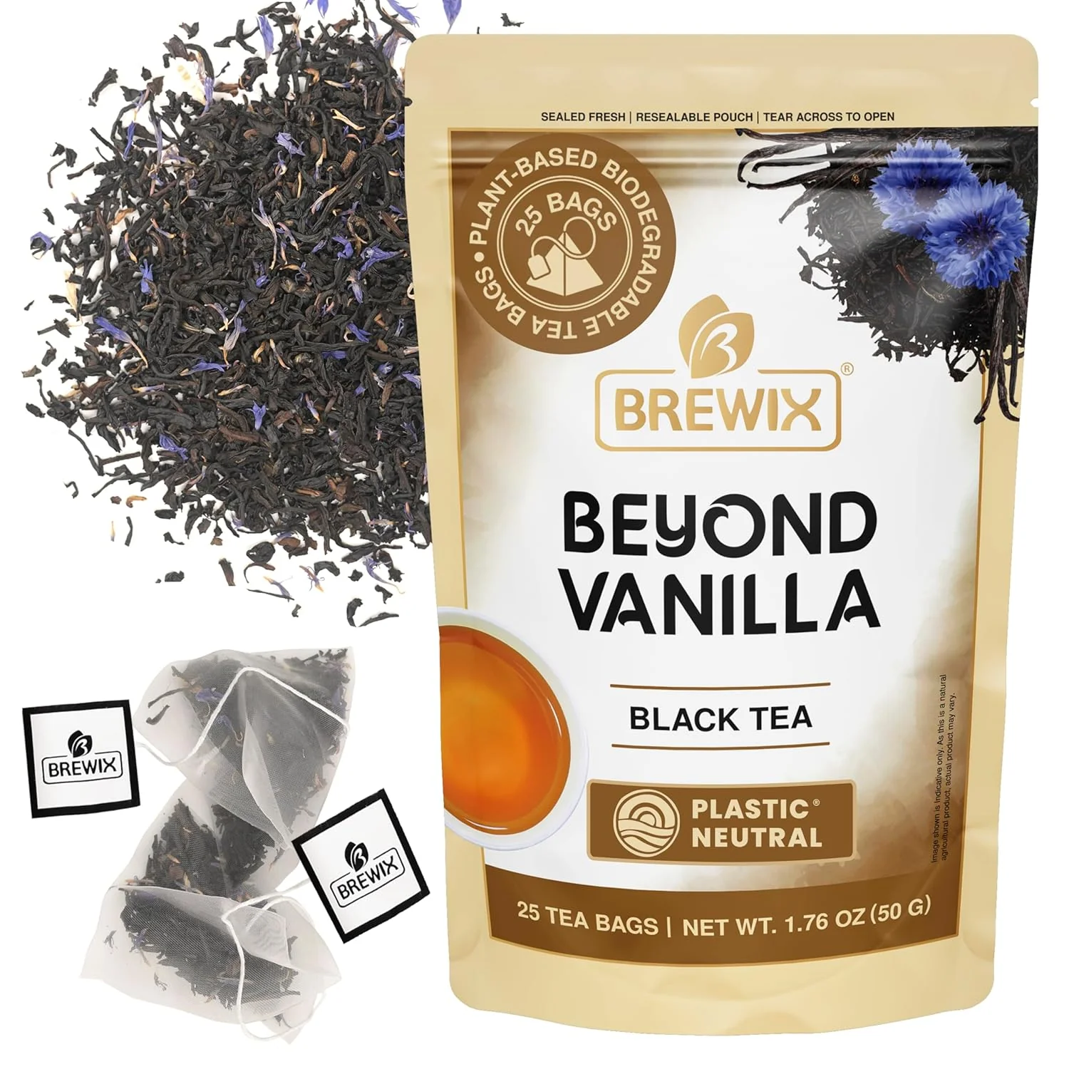 Prestigious Brewix Vanilla Caramel Dessert Tea 25 Pyramid Black Tea Bags Naturally Flavored Caffeinated Sugar- Reusable