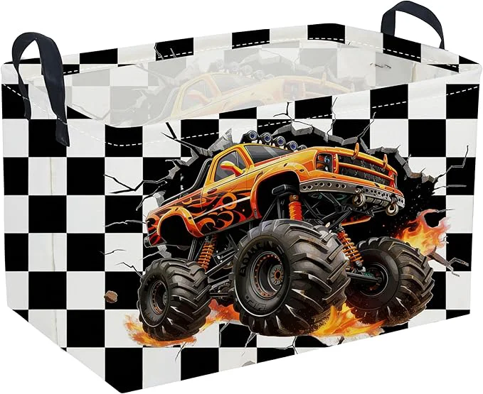 Expertly Made Sanjiaofeng Rectangular Monster Truck Basket for Kids Baby Storage Bins with Handles for Car Decor Racing Storage Bin Cute Toy Storage Organizer for Boys and Girls Car Room Decor Racing flag About ThisOverview Green