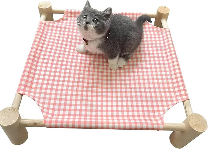 Crafted Pozico d Cat Dog Bed – Wooden Frame Pet Hammock for Small Dogs Cats Indoor Outdoor Raised Bed with Breathable Mesh Portable Pet Cot Furniture – Pink GridAbout ThisOverview Certified