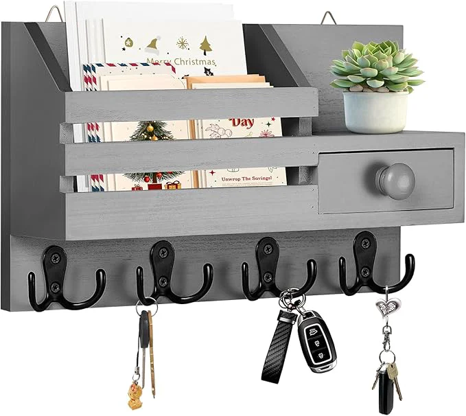 Versatile Key Holder Wall Mount Wooden Adhesive Mail and Key Organizer with Drawer Small Shelf 8 Hooks 2 Installation Methods GrayAbout ThisOverview High-Performance