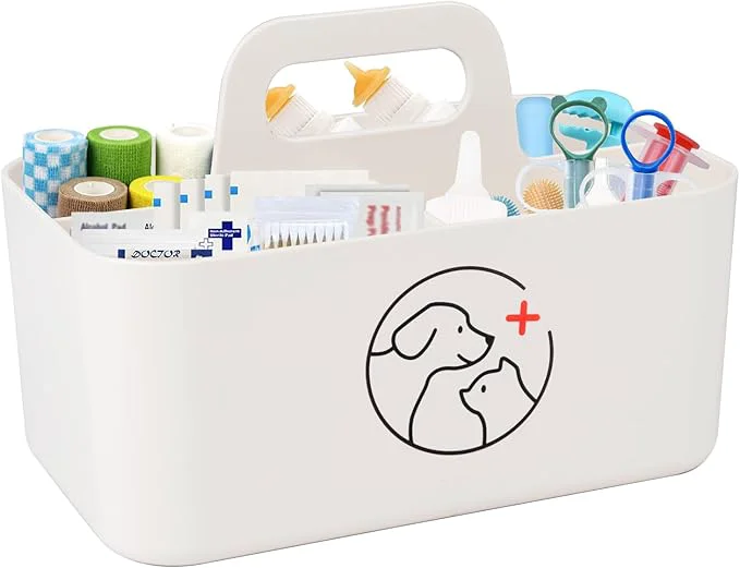 Official Dog Storage Organizer for Nursing Supplies Portable Caddy for Pet Stuff Divided Storage Bin for Dog Cat Feeding Bottle Pet Pill Shooter Whelping Kit-Bathroom Countertop Storage-WhiteAbout ThisOverview Contemporary