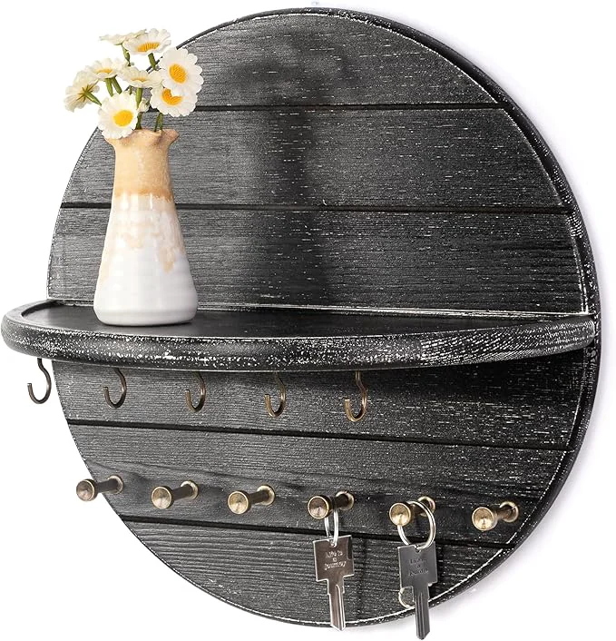 Convenient Rebee Vision Pine Wood Key Holder Wall Mount Decorative - Round Wooden Rustic Key Holder for Wall with 11 Hooks and Shelf - Circular Design for Home Decor Aesthetic Entryway Old Black About ThisOverview Original Design