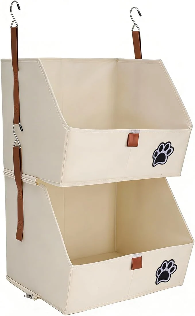 Versatile 2-Tier Dog Shelves Storage Organizer Dog Toy Basket Hanging Closet Organizer for Pet Fabric Storage Bins Dog Cabinet Collapsible Baskets for Dog Toys Colloar Clothes Blanket -BeigeAbout This Flexible