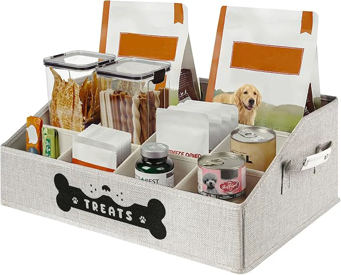 Exceptional Dog Treat Container Dogs Storage Organizer with Removable Dividers Collapsible Dogs Treat Holder for Countertop Trapezoid Pet Treats Containers Dog Toy Basket with PU Handles Large GrayAbout ThisOverview Carefully Designed