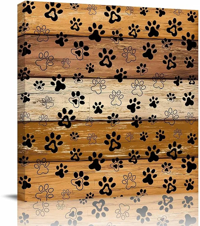 Unique Framed Canvas Wall Art for Living Room Dog Paw Print Wall Decor Retro Brown Yellow Wood Grain Aesthetic Paintings for Bedroom Office Kitchen Bathroom Ready to Hang Artwork Wall Pictures 8x8 InchAbout This Organic