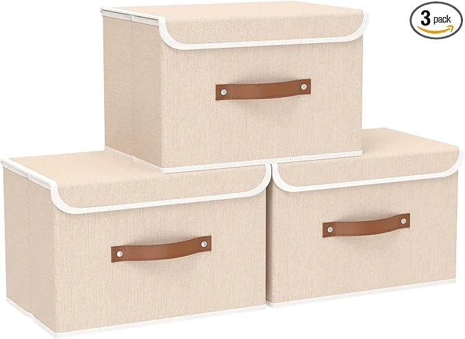 Consistent Yawinhe Collapsible Storage Boxes Linen Fabric Baskets Bin with lid and Leather Handle Washable for Home Closet Beige 17.7''Lx11.8''Wx11.8''H 3-Pack USNK024BEX-3About ThisOverview Safe