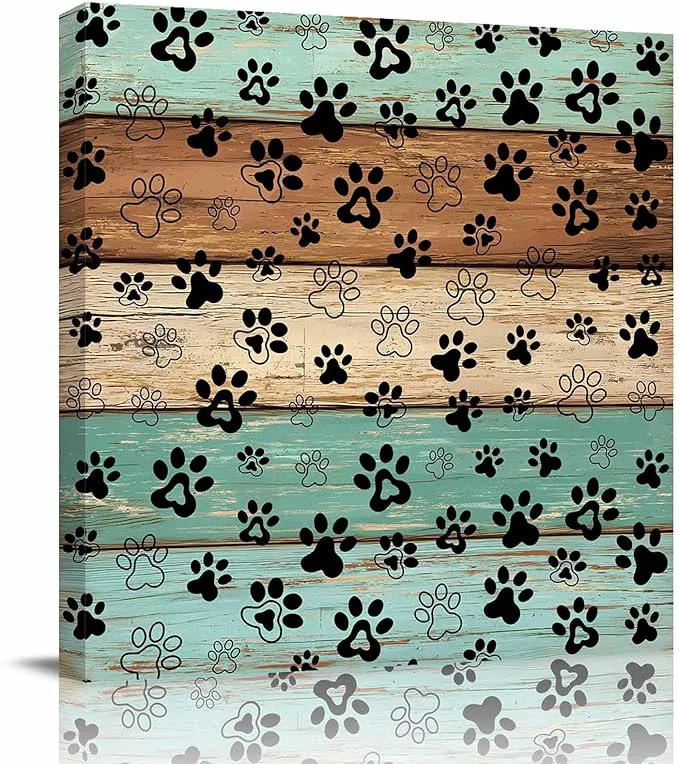 Sophisticated Framed Canvas Wall Art for Living Room Dog Paw Print Wall Decor Retro Brown Teal Green Wood Grain Aesthetic Paintings for Bedroom Office Kitchen Bathroom Ready to Hang Wall Pictures 20x20 InchAbout This Premium Material