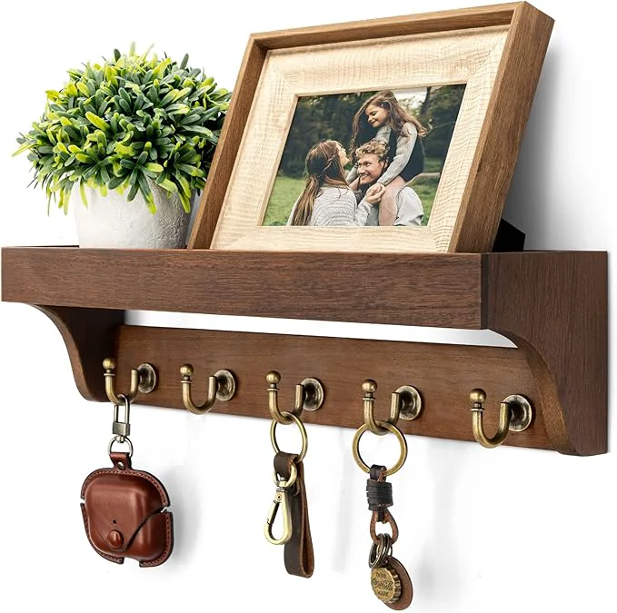 Long-Lasting Rebee Vision Farmhouse Key Holder for Wall - Decorative Wooden Mail Organizer with 5 Rustic Key Hooks and Floating Shelf for Home Decor Hallway Entryway Appartment Retro Brown About ThisOverview First-Class