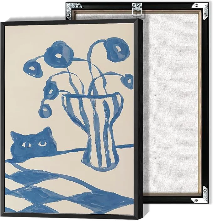 Minimalist Funny Sneaky Cat Poster Scandi Animal Sketch Canvas Wall Art Blue Modern Abstract Flower Vase Aesthetic Prints Painting For Living Room Kitchen Dining Room Wall Decor 24x36in FramedAbout This Advanced