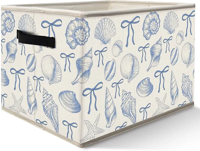 Expertly Made Nogrit Coquette Blue Bow Beach Storage Bins Box Toybox for Girls Preppy Coastal Seashell Foldable Baskets Organizer Container with Handles for Girls Bedroom Dorm Bathroom Clothes Toys BooksAbout ThisOverview Fine