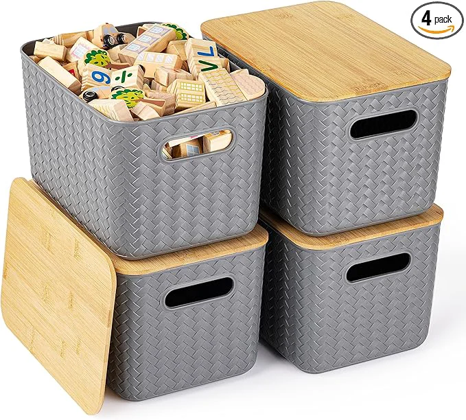 Stylish 4 Packs Storage Bins with Bamboo Lids - Plastic Storage Containers with Lids Stackable Storage Box：Storage Baskets for Organizing Desktop Closet Playroom Classroom Office GrayAbout ThisOverview Proven