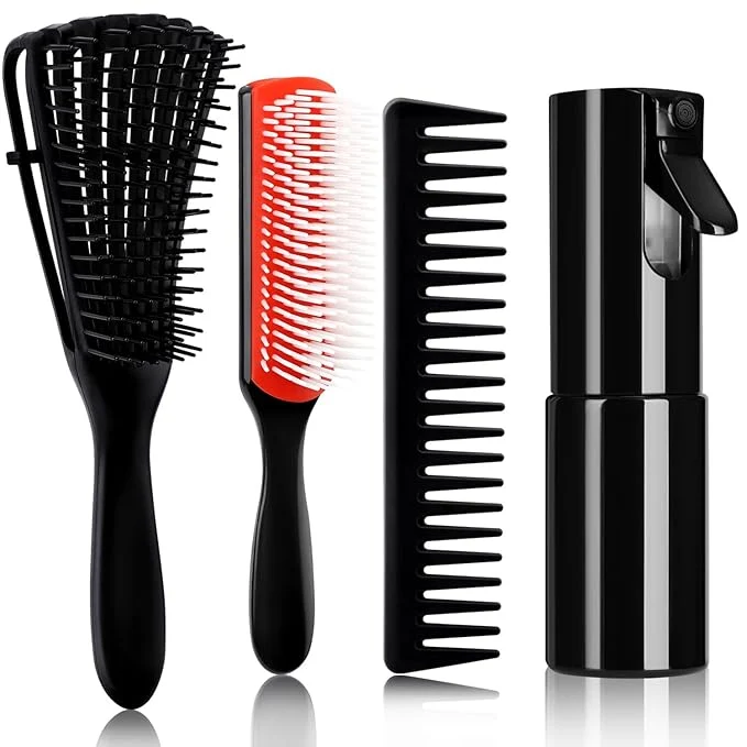 Detailed 4pcs Curly Hair Brush Set for Adult Kids Wet or Dry Detangling with Spray Bottle Wide Tooth Comb 3 1 Red Safe