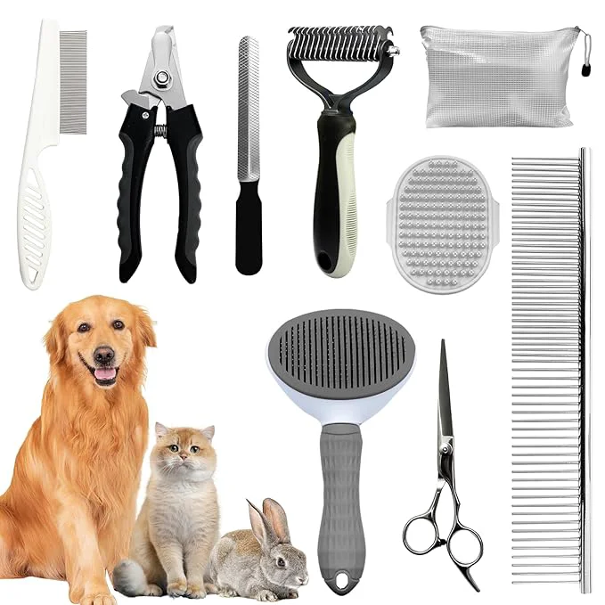 Fine Crafted Dog Brush Grooming Kit – 9-Piece Pet Brush Deshedding Set for Shedding Bathing Trimming Nail Care Grooming Tools for Dogs Cats Includes Comb Nail Clipper Scissors Slicker Brush Gray Top-Quality