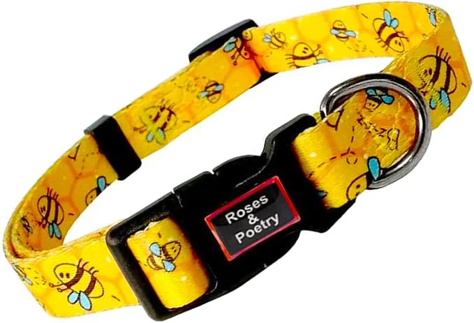 Trendy Roses Poetry Dog Collar with Colourful Bee Patterns Adjustable Durable Puppy Lightweight