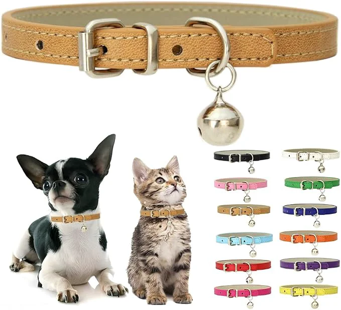 High-End Khaki Puppy Collar with Bell Soft Pu Leather Cat Collars Adjustable Buckle Durable