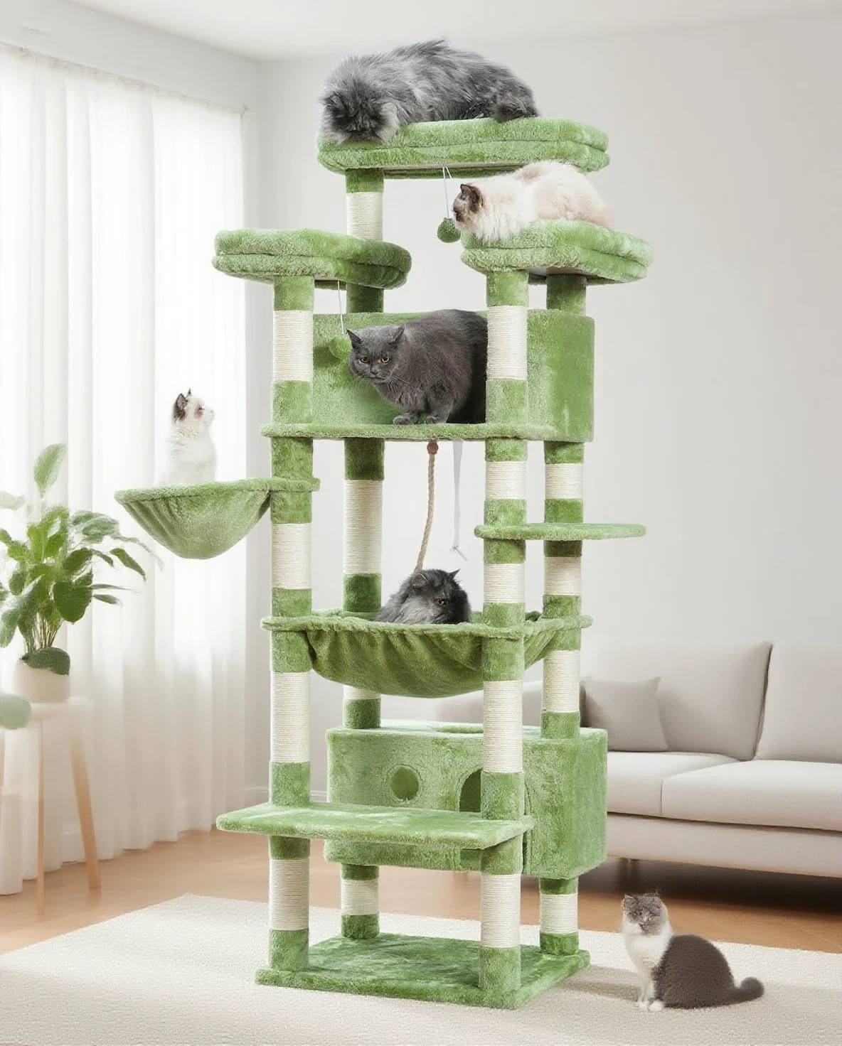 Stylish Gitelsnour 74-Inch Cat Tree for Indoor Cats - Green Multi-Level Tower with 3 Platforms 2 Baskets 2 Condos Fine