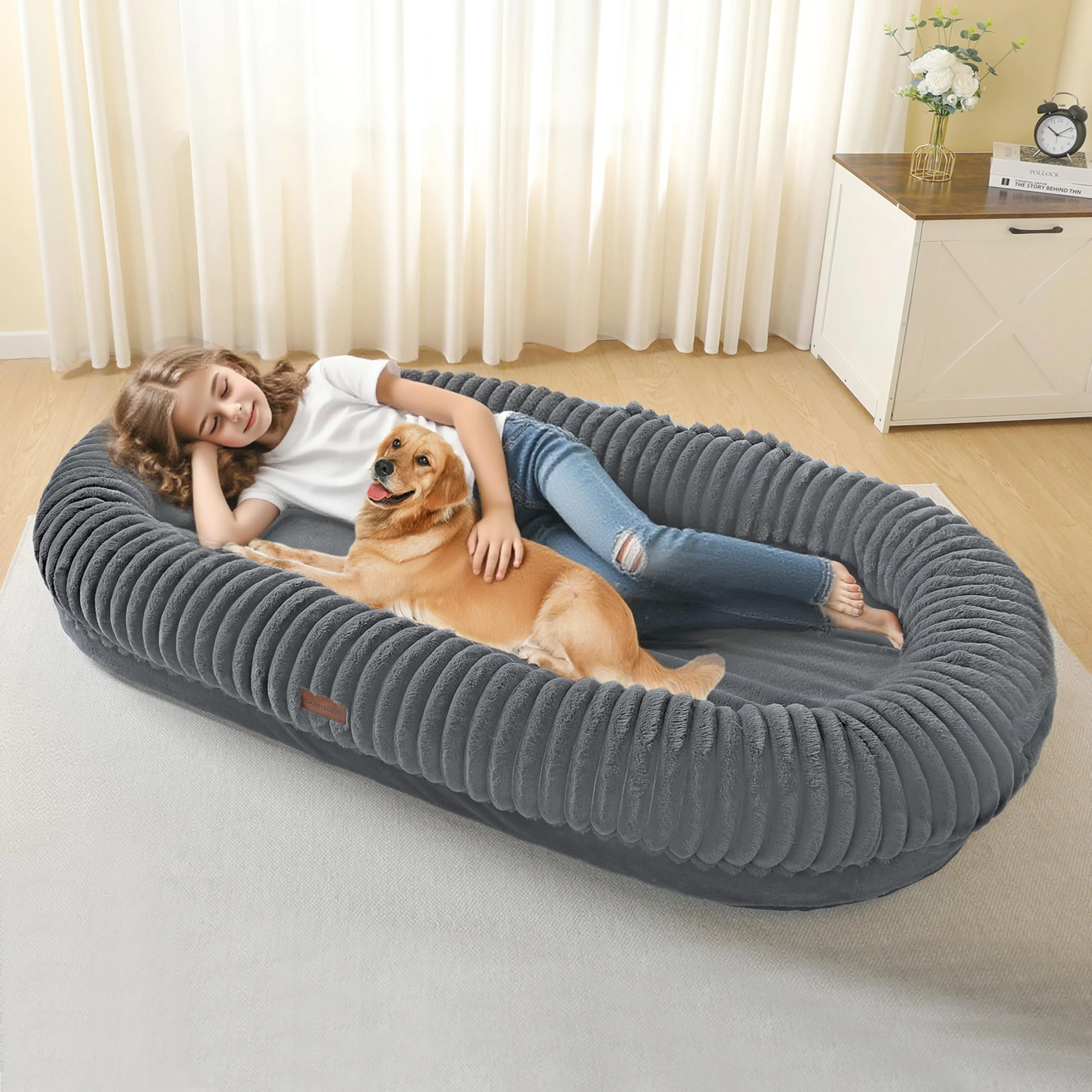 Sophisticated DANFOOZIO Human Dog Bed Reversible Gel-Infused Memory Foam Plush Faux Fur 63 x 37.4 x 11 in Fine Crafted